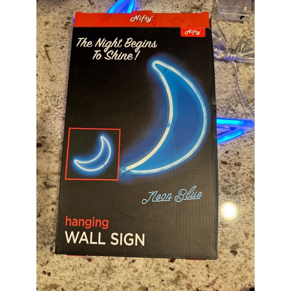 Nifty Neon Blue Crescent Moon Hanging Wall Sign LED USB Battery 80310NTFM- B4a